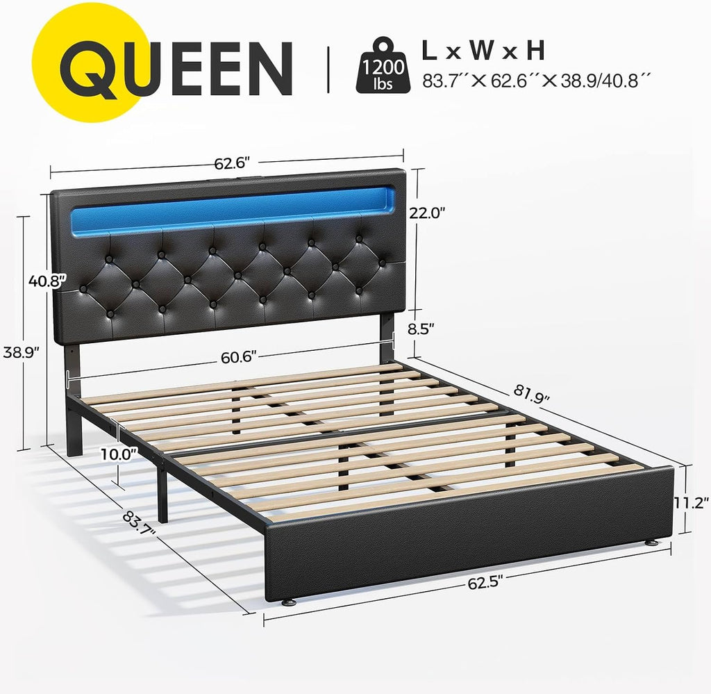 Rolanstar Queen Size Bed Frame with Charging Station, LED Bed with Under Bed Storage, Adjustable Headboard 38.9/40.8 Inches, No Box Spring Needed, Noise Free, Easy Assembly, Black
