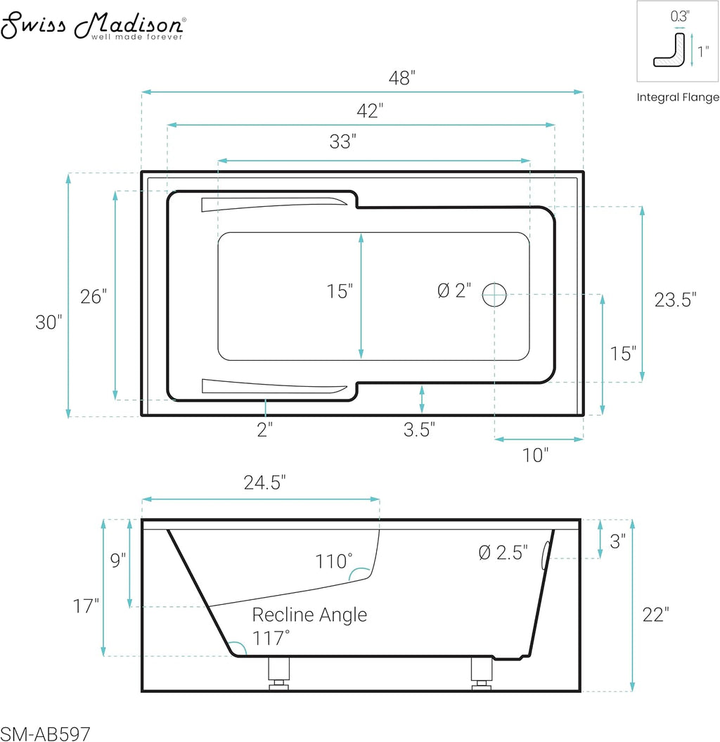 Voltaire 48' x 30' Right-Hand Drain Alcove Integrated Armrest Bathtub with Apron