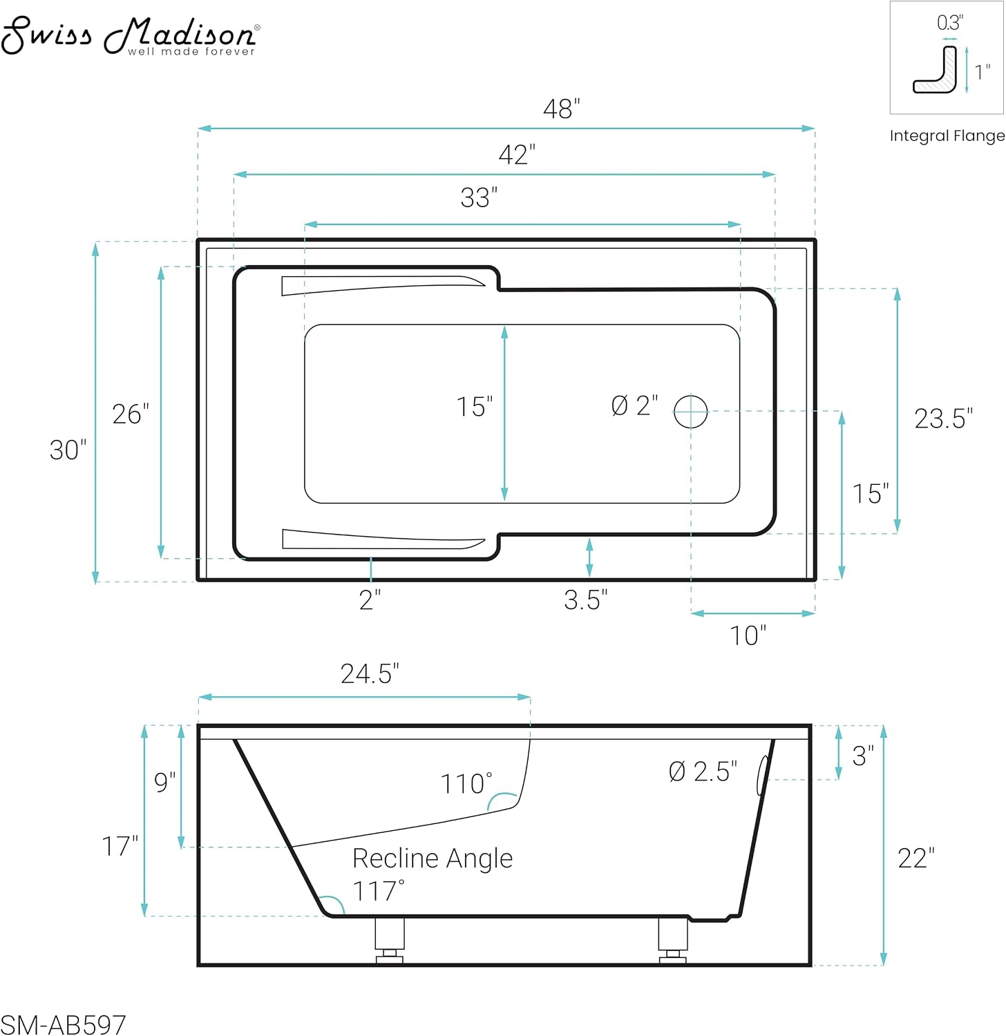 Voltaire 48' x 30' Right-Hand Drain Alcove Integrated Armrest Bathtub with Apron