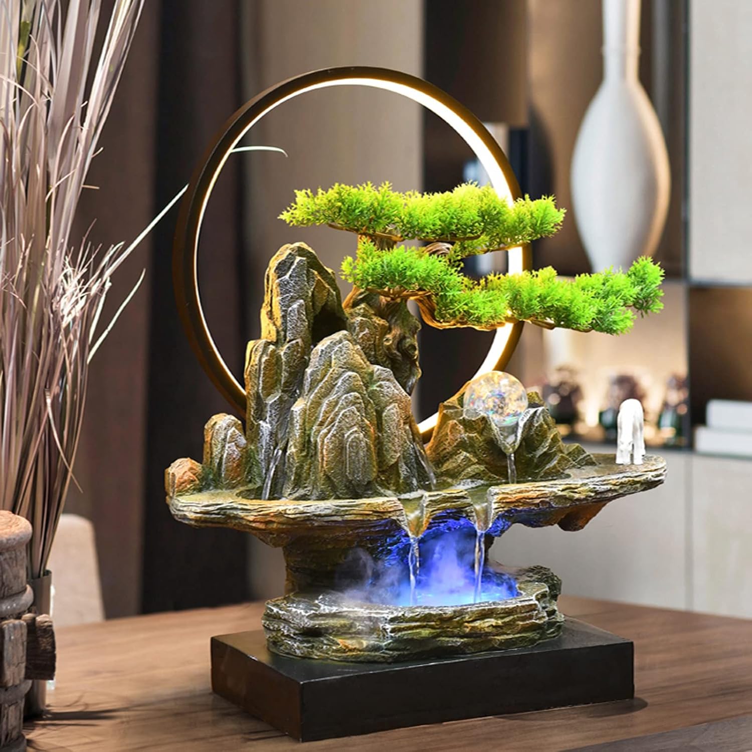 HIHELO Desktop Fountain Tabletop Fountain Rock Waterfall Fountain Indoor Waterfall Fountain Artificial Bonsai Interior Decoration with LED Lights Water Fountain Outdoor (Size : Small)