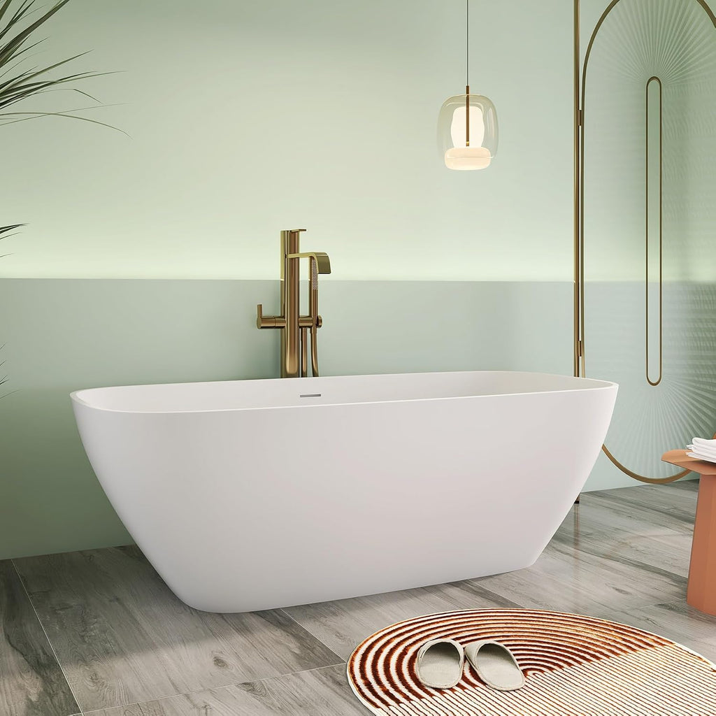 67' Premium Solid Surface Freestanding Bathtub, Upgraded Modern Design Stand Alone Tub with Overflow and Pop-up Drain, Matte White