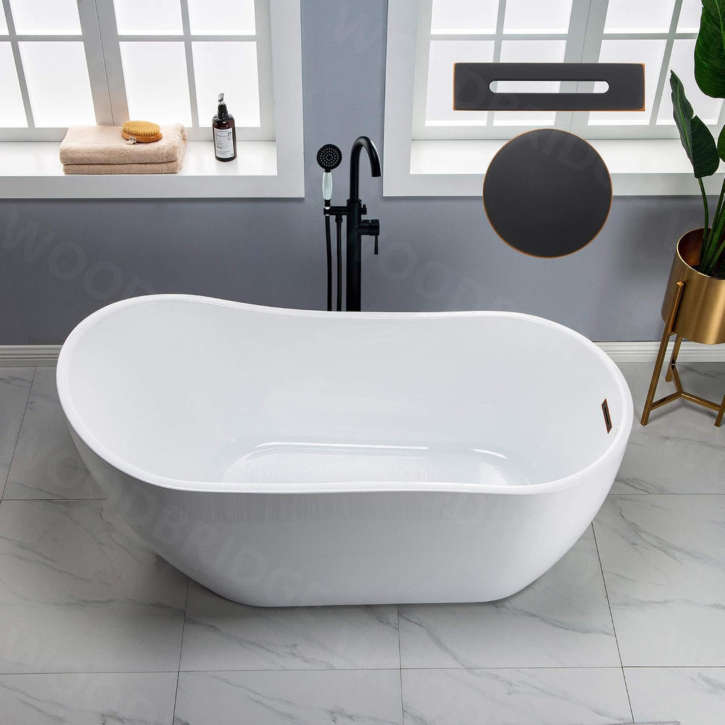 WOODBRIDGE 59' Acrylic Freestanding Bathtub Contemporary Soaking White Tub with Oil Rubbed Bronze Overflow and Drain，B1530 -ORB-Drain &O