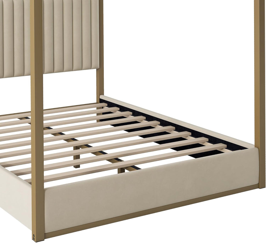LUMISOL Queen Size Metal Canopy Bed Frame, 4 Poster Canopy Bed with Tall Upholstered Headboard, Upholstered Low Profile Canopy Platform Bed, No Box Spring Needed, Beige + Gold