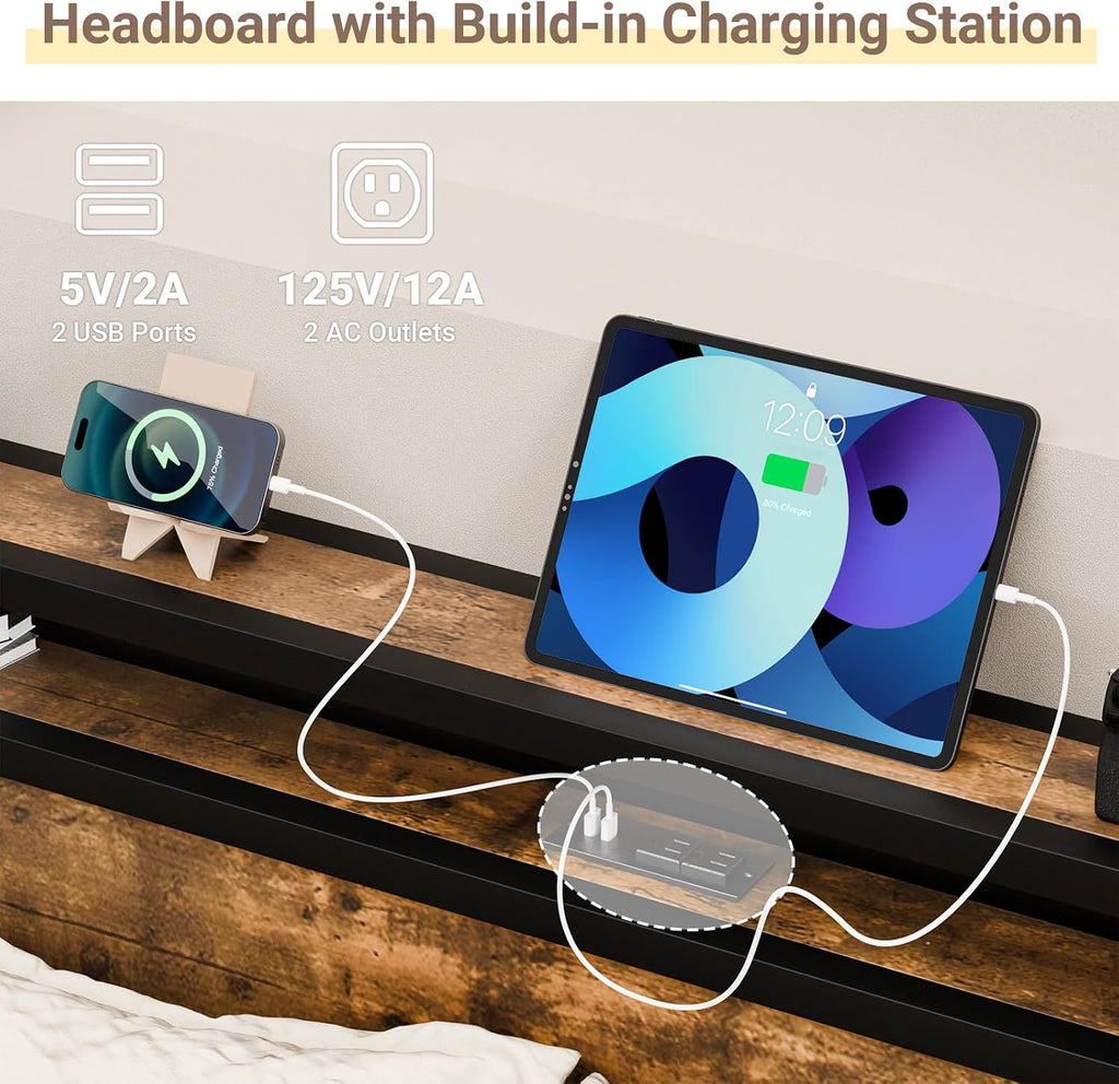 Zevemomo Queen Size Bed Frame with Headboard, Headboard with Charging Station, 2 USB Port & 2 AC Power Outlet, Queen Metal Platfrom Bed Frames No Box Spring Needed, Sturdy & Assembly, Brown