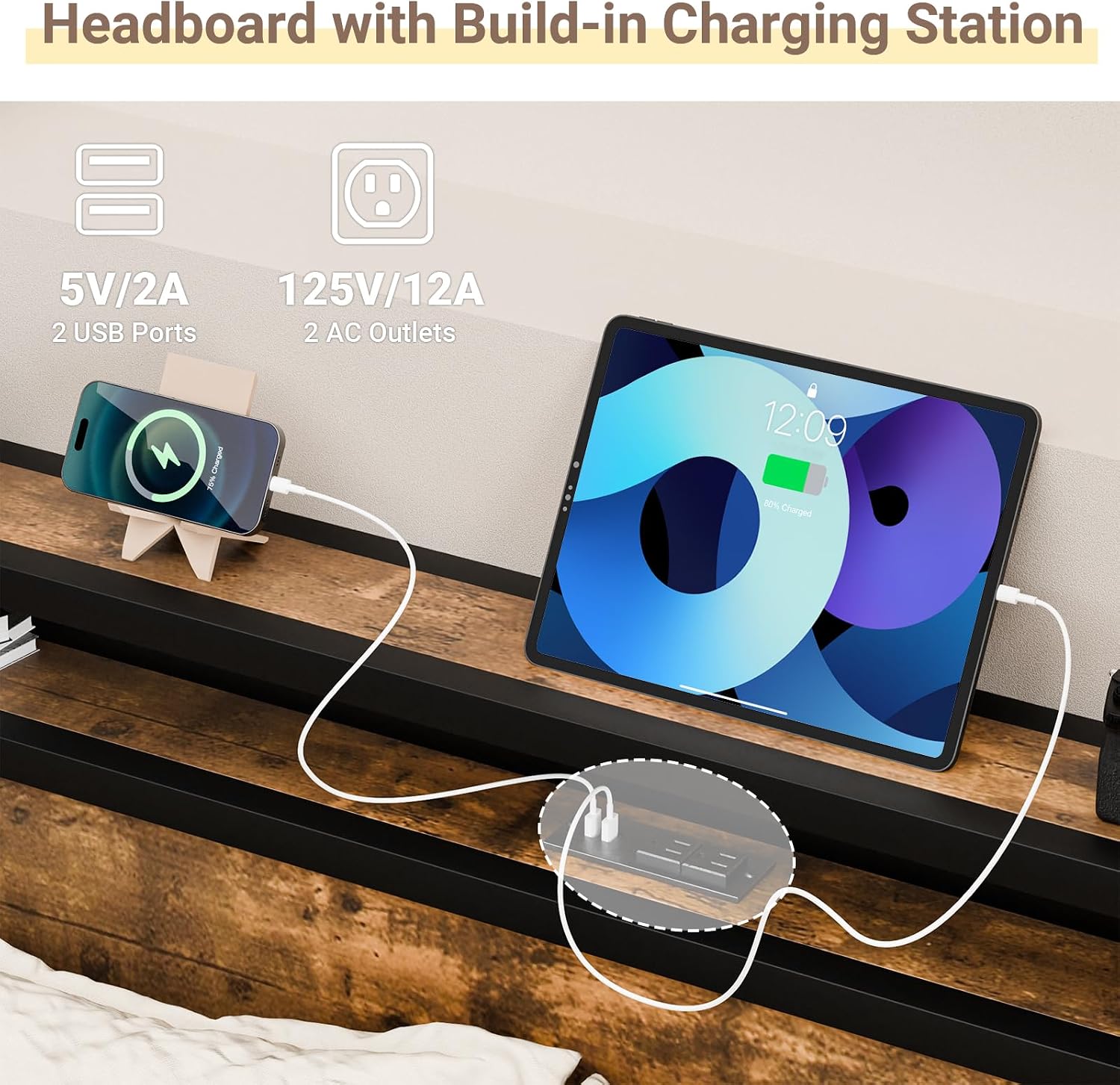 Zevemomo Queen Size Bed Frame with Headboard, Headboard with Charging Station, 2 USB Port & 2 AC Power Outlet, Queen Metal Platfrom Bed Frames No Box Spring Needed, Sturdy & Assembly, Brown