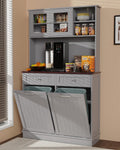 Double Tilt Out Trash Cabinet Storage Cabinet 20 Gallon with Two Solid Wood Hideaway Trash Holder Drawers, Dual Wooden Free Standing Recycling Cabinets Trash Can Bin Kitchen (Gray)