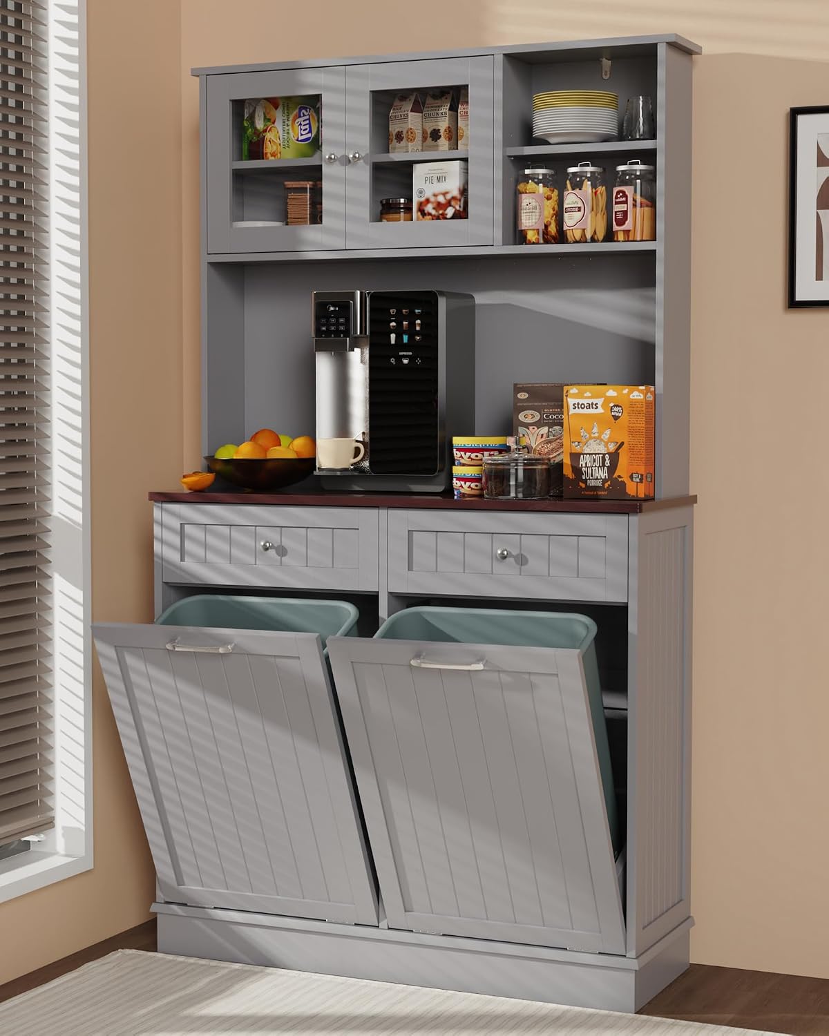 Double Tilt Out Trash Cabinet Storage Cabinet 20 Gallon with Two Solid Wood Hideaway Trash Holder Drawers, Dual Wooden Free Standing Recycling Cabinets Trash Can Bin Kitchen (Gray)