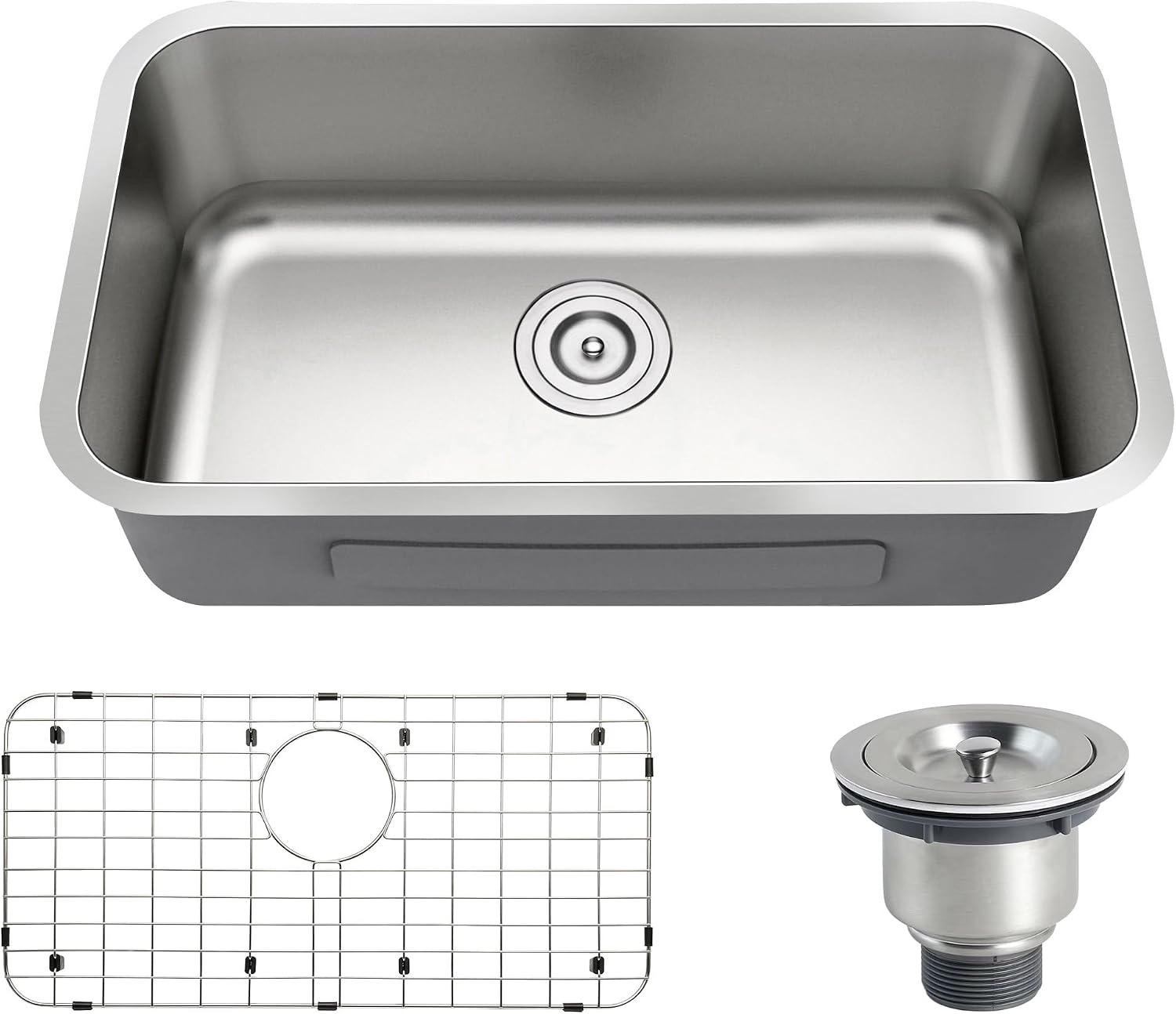 30 Inch Undermount Kitchen Sink 18 Gauge Stainless Steel Spacious Single Bowl Curved Shape Round Corner Deep Sinks with Basket Strainer and Bottom Grid 30' x 18' x 9'