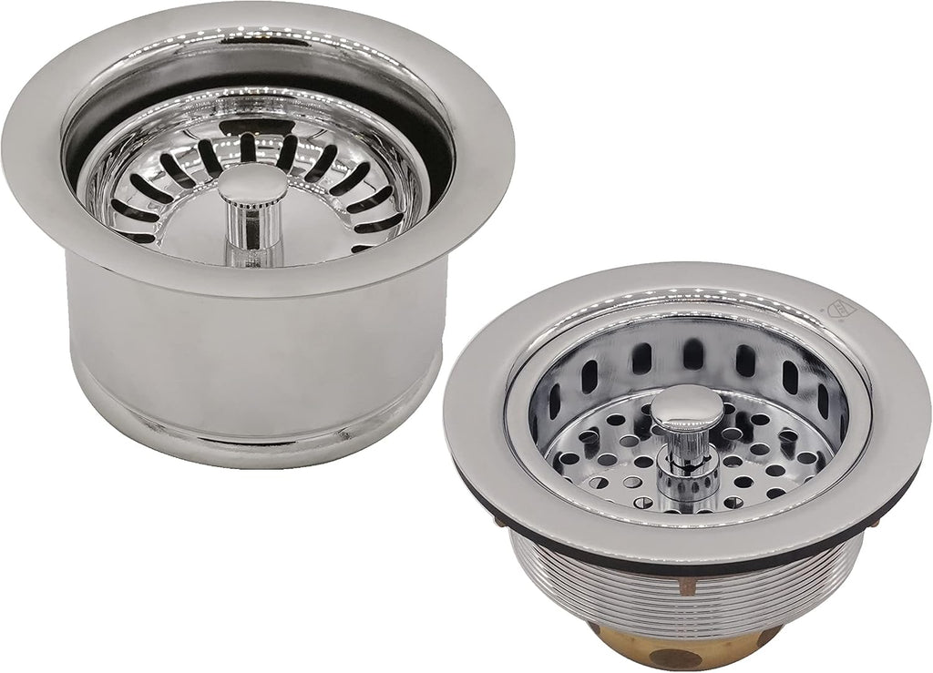 Westbrass CO2196S-05 COMBO PACK 3-1/2' Post Style Large Kitchen Sink Basket Strainer and Extra-Deep Collar Kitchen Sink Waste Disposal Flange with Strainer Stopper, Polished Nickel