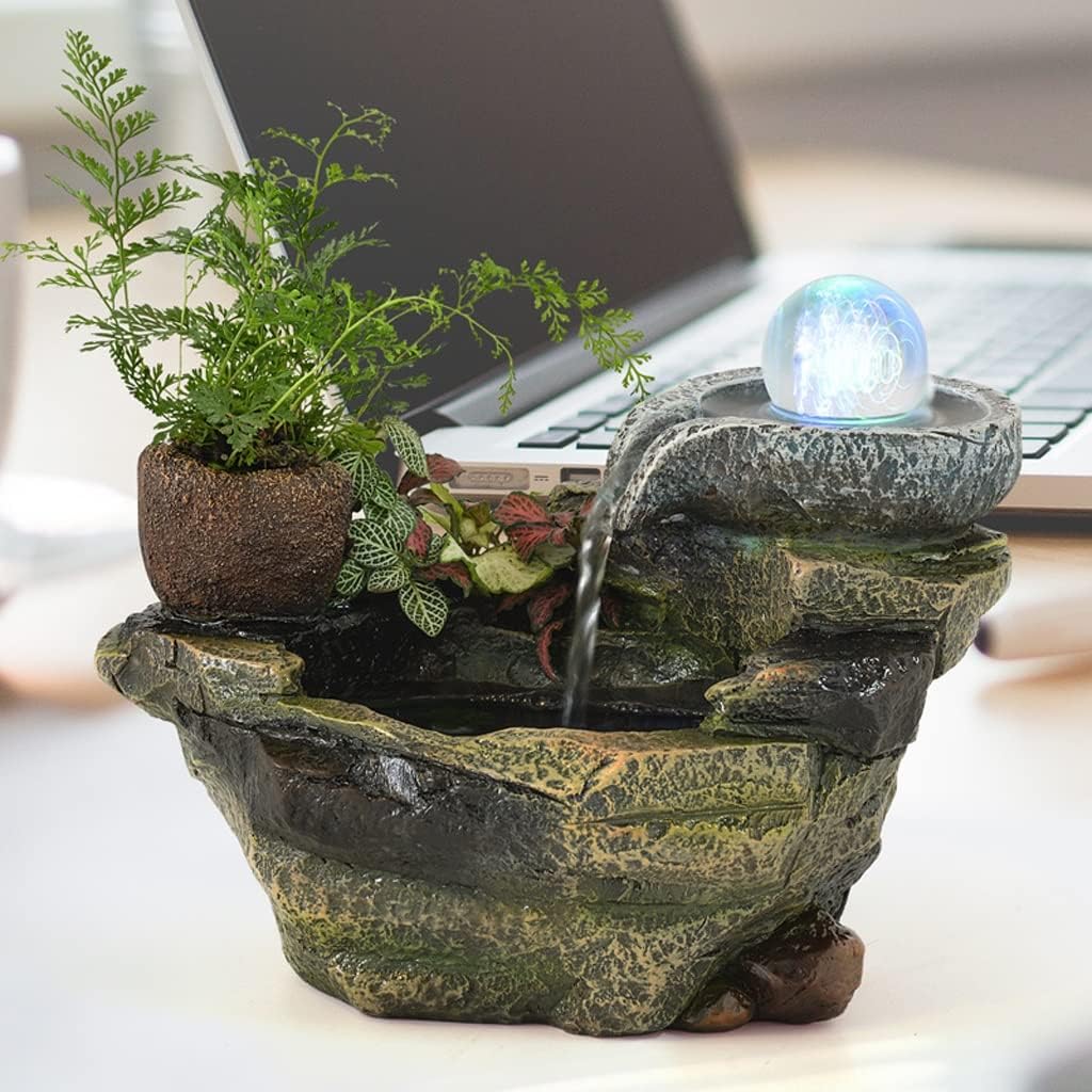Indoor Tabletop Fountain with LED Lights & Automatic Pump Waterfall Feature for Home Office Bedroom Desk Decoration (Color : B)