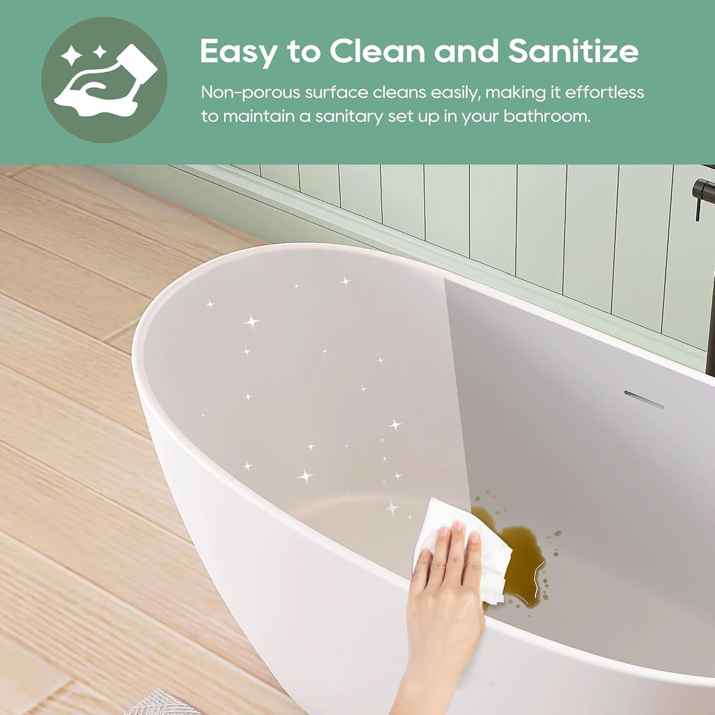 SJ STAR&JANE 55' Solid Surface Freestanding Bathtub Stone Resin Tub Oval Double Slippers Stand Alone Soaking Tub with Pop-up Drain and Overflow, Matte White