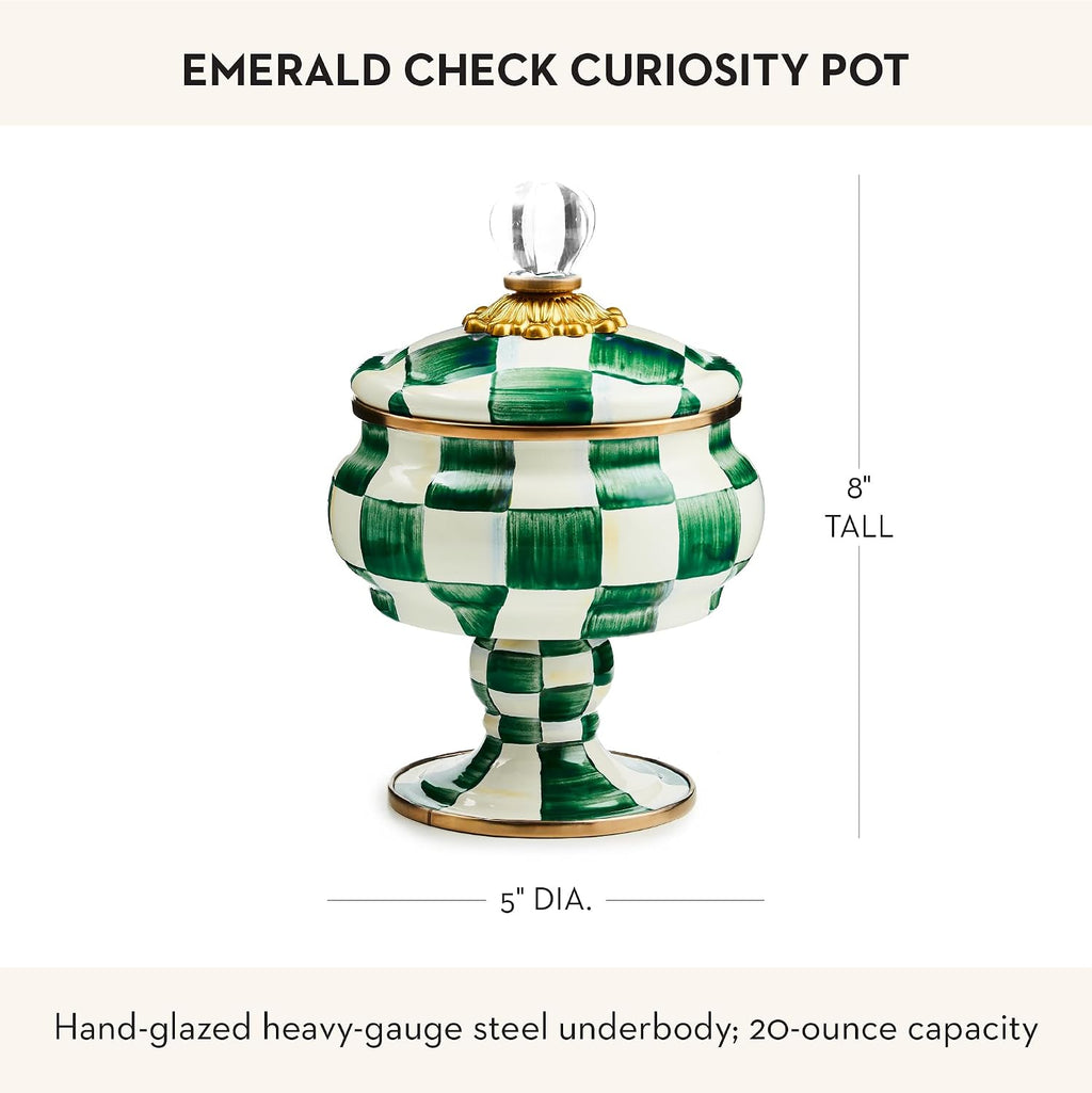 MACKENZIE-CHILDS Enamel Curiosity Pot, Decorative Container for Home Decor, Green-and-White Emerald Check