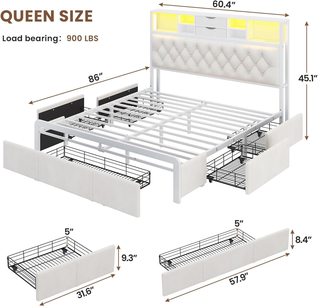 BTHFST Queen Size Bed Frame with 5 Storage Drawers and Headboard, Velvet Upholstered Queen Platform Bed with LED Lights & Charging Station, No Noise, No Box Spring Needed, Easy Assembly, Beige