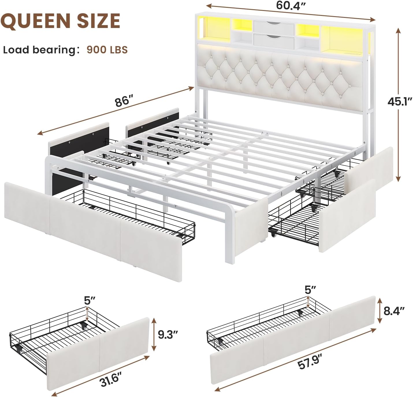 BTHFST Queen Size Bed Frame with 5 Storage Drawers and Headboard, Velvet Upholstered Queen Platform Bed with LED Lights & Charging Station, No Noise, No Box Spring Needed, Easy Assembly, Beige