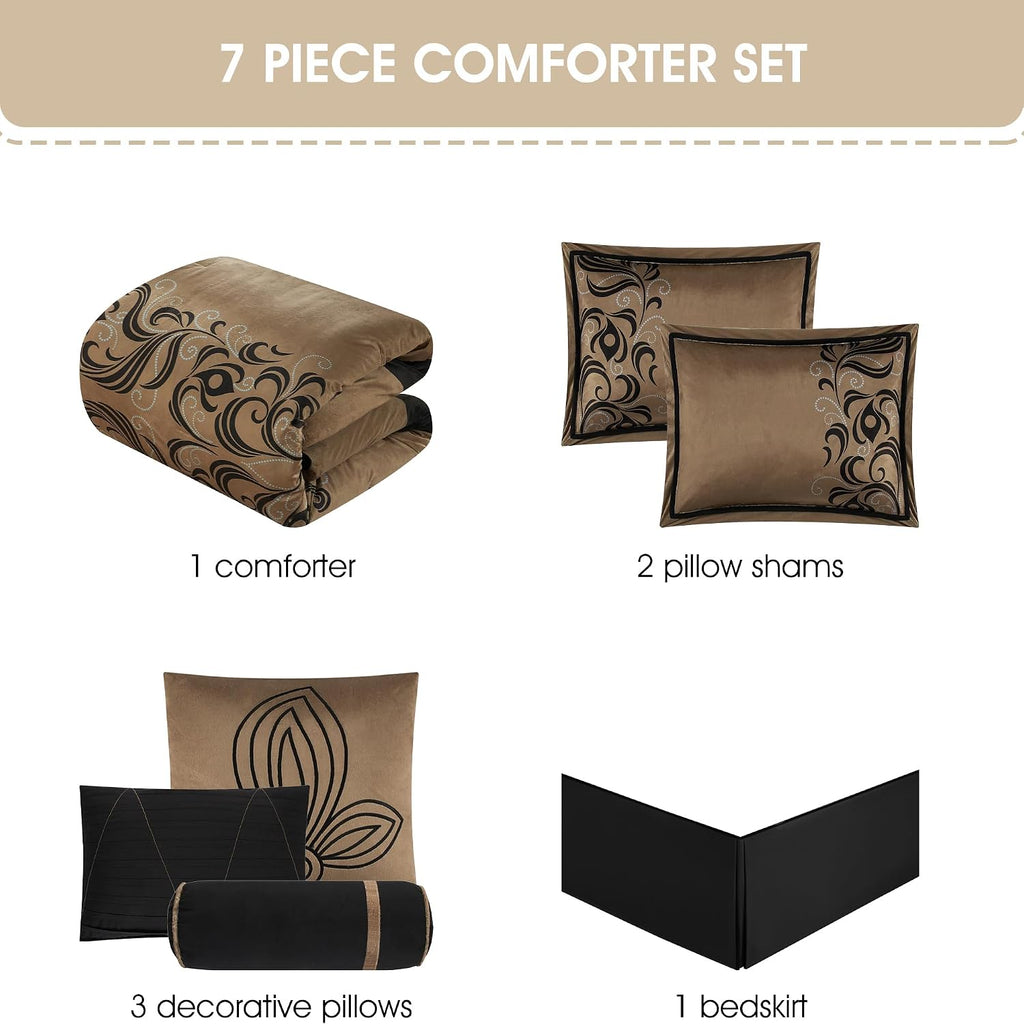 Grand Avenue Brown Floacking & Taffeta Comforter Set Full Size, 7 Pieces Bedding Set, All Season Cozy Comforter, Bedskirt, Pillows & Shams