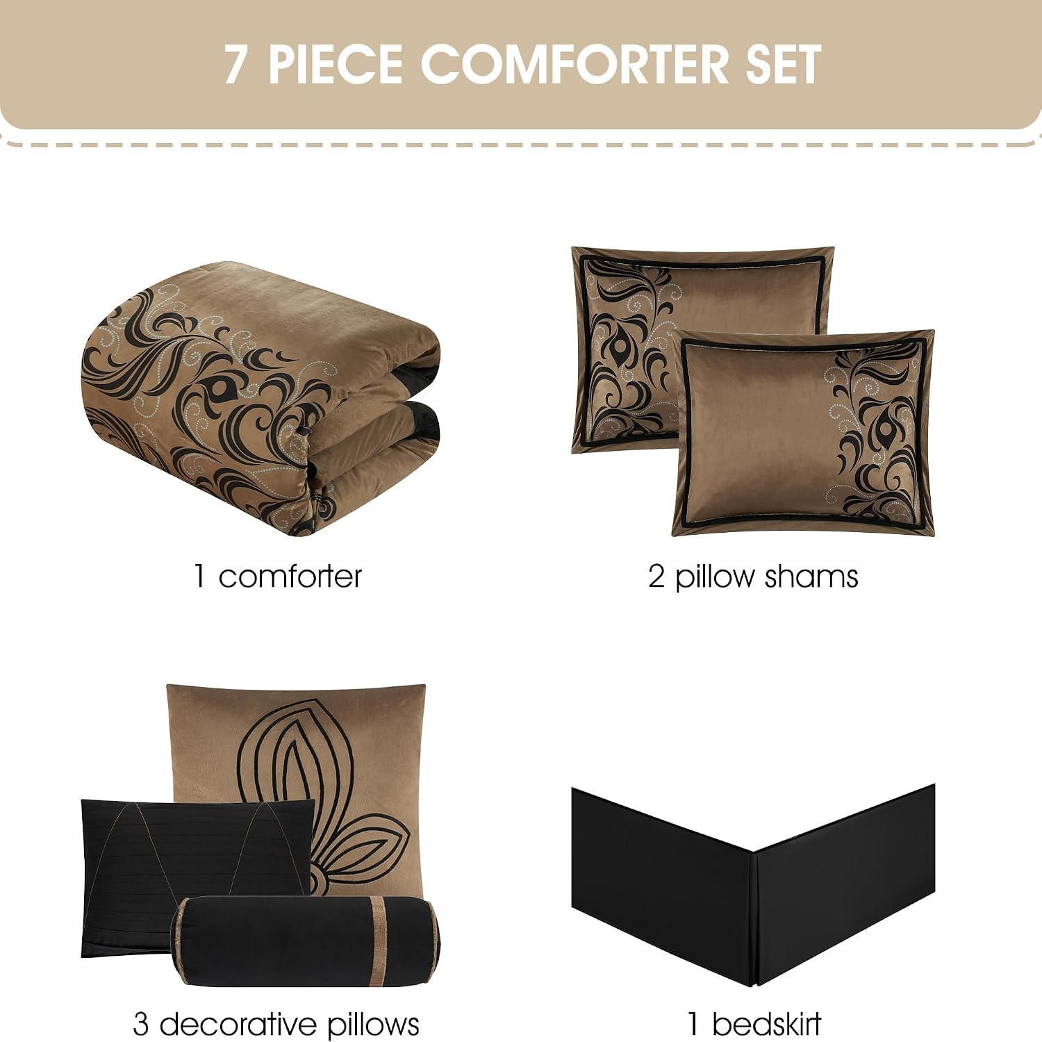 Grand Avenue Brown Floacking & Taffeta Comforter Set Full Size, 7 Pieces Bedding Set, All Season Cozy Comforter, Bedskirt, Pillows & Shams