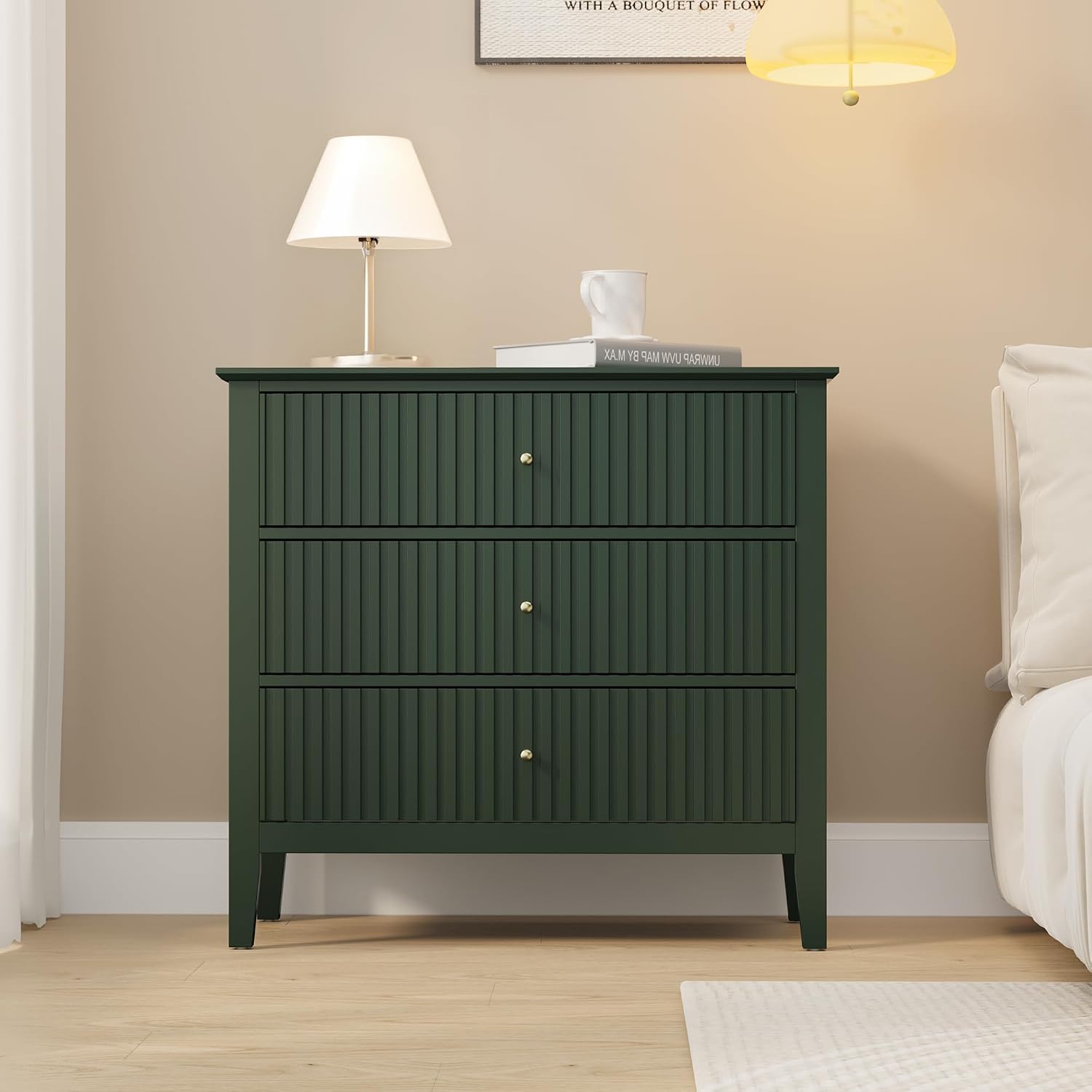 May in Color Large Green 3 Drawer Dresser, Painted 30 Inch Tall Wood Nightstand with Storage, Wide Modern Chest of Drawers with Ball Bearing Slide for Bedroom Hallway Living Room Entryway Office