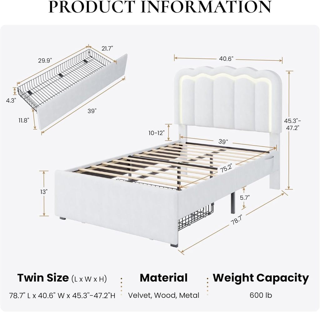 SHA CERLIN Upholstered Twin Size Bed Frame with LED Lights and Large Storage Drawer, Velvet Platform Bed with Adjustable Wavy Headboard, Noise Free, Easy Assembly, No Box Spring Needed, Soft White