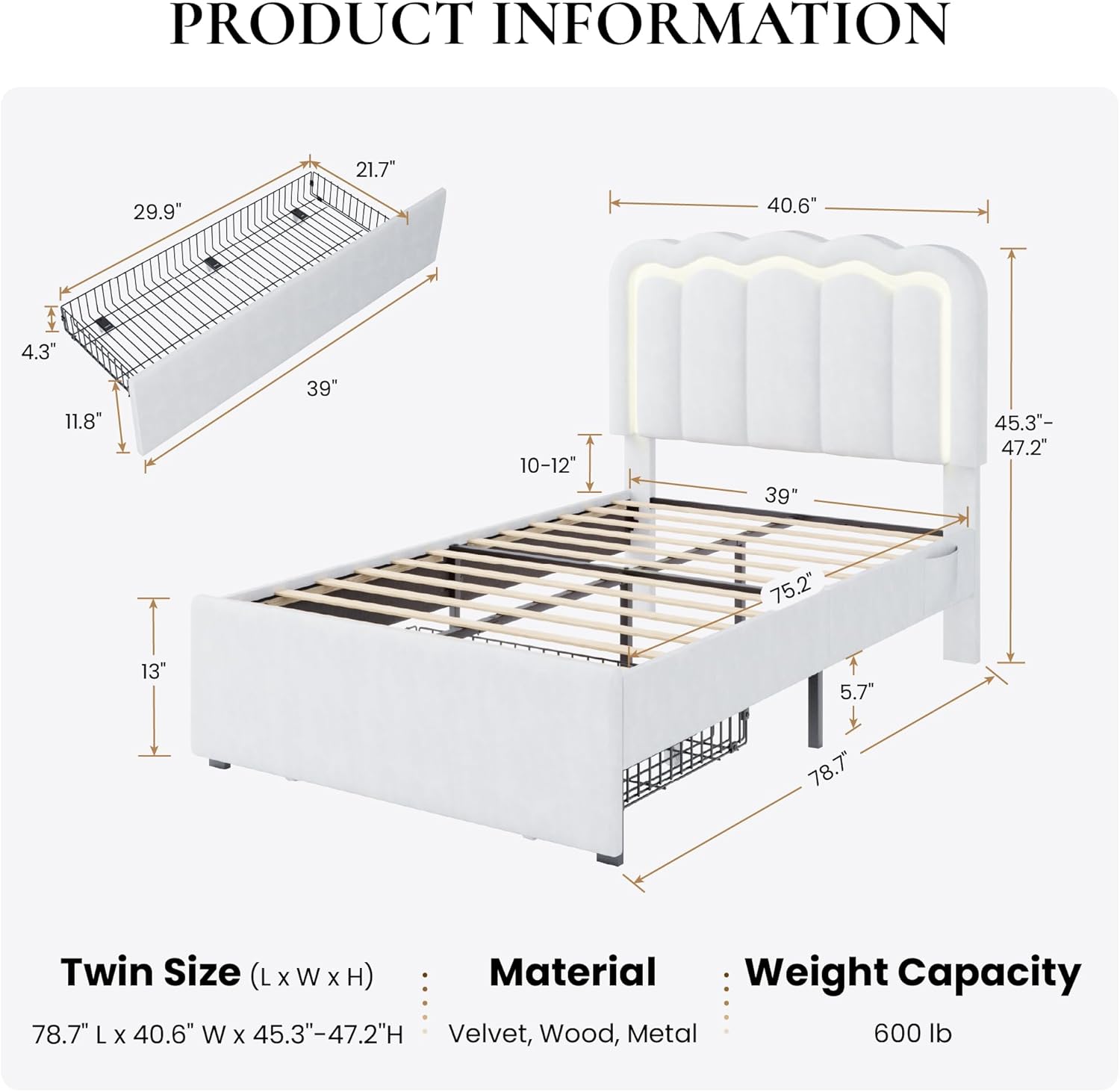 SHA CERLIN Upholstered Twin Size Bed Frame with LED Lights and Large Storage Drawer, Velvet Platform Bed with Adjustable Wavy Headboard, Noise Free, Easy Assembly, No Box Spring Needed, Soft White