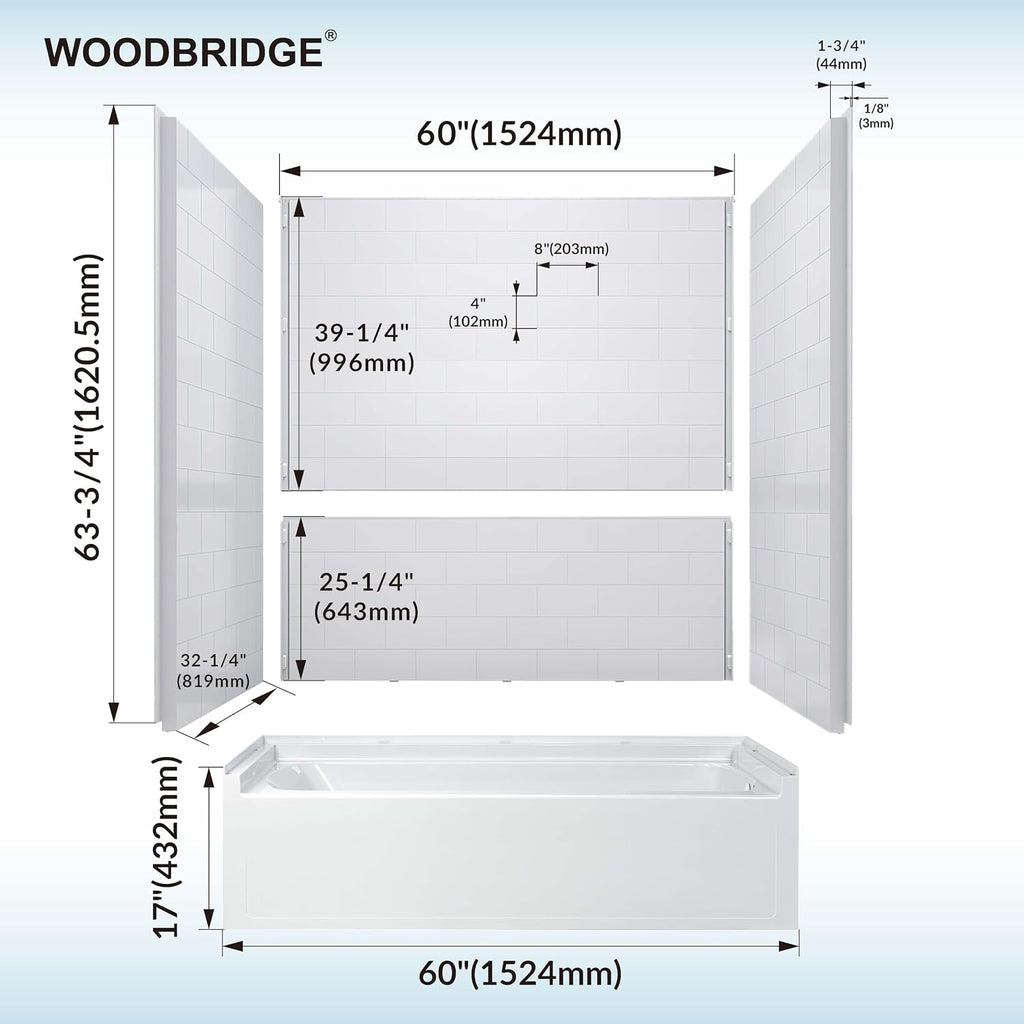 WOODBRIDGE 60' x 32' 4-Piece Direct-to-Stud Alcove Tub Surround, 1-3/4 inch (44mm) Thick, with Right-Drain Hole Soaking Bathtub Combo in White