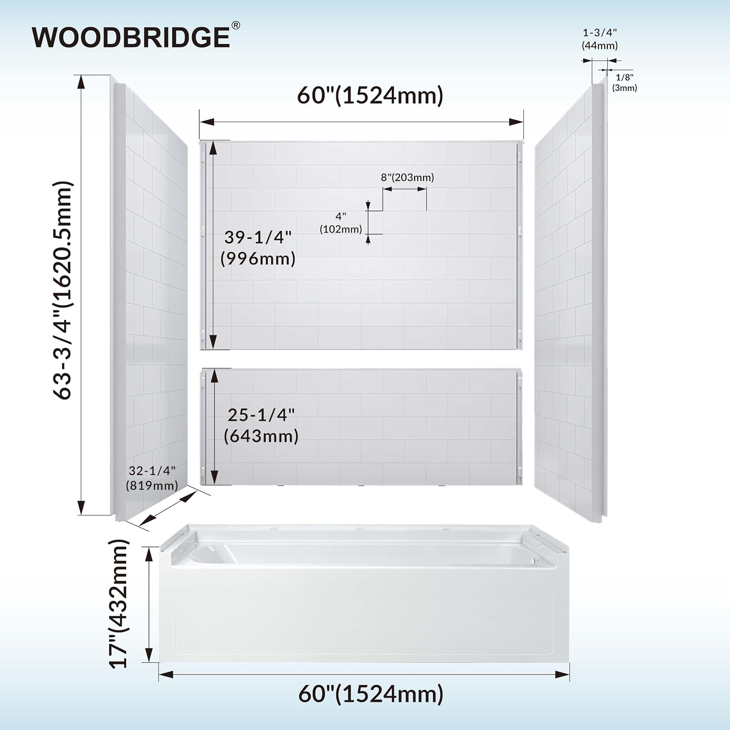 WOODBRIDGE 60' x 32' 4-Piece Direct-to-Stud Alcove Tub Surround, 1-3/4 inch (44mm) Thick, with Right-Drain Hole Soaking Bathtub Combo in White