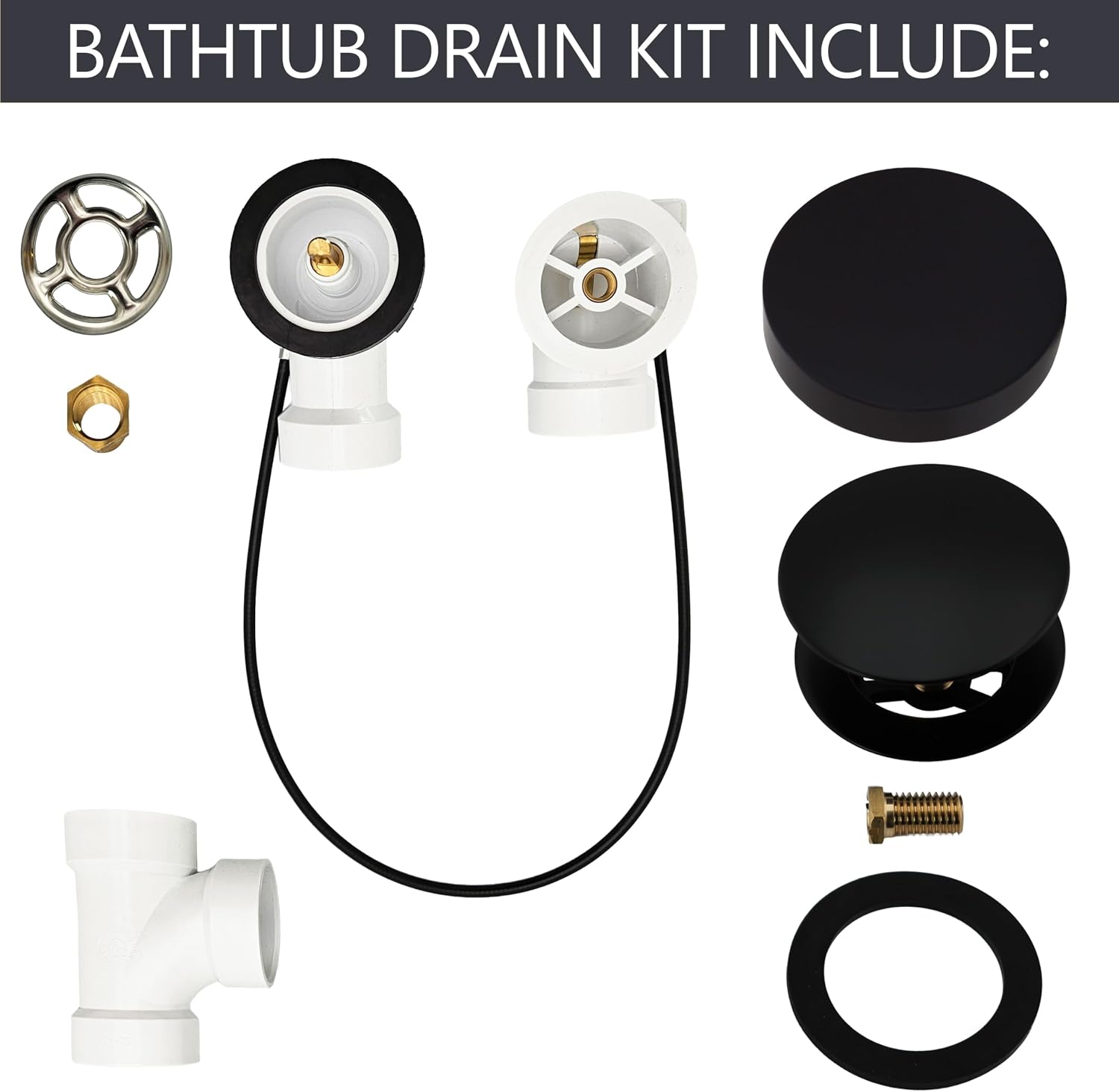 Westbrass D50P35SRE-62 35' Cable Drive Bathtub Drain Trim with Rotary Overflow Cover Knob, Pop-Up Stopper Sch. 40 PVC Fittings, Matte Black