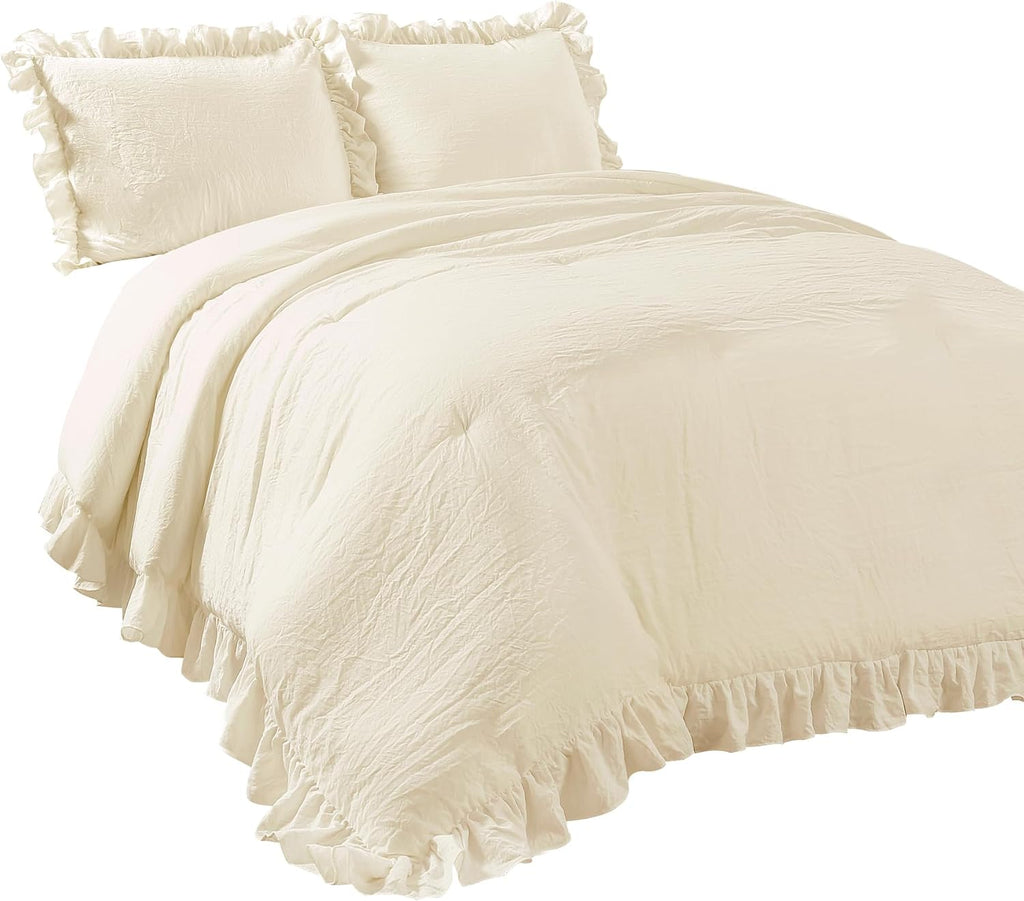 Lush Decor Reyna Ruffle Comforter Set - 3 Piece Cozy Ruffled Bedding Set - Timeless Elegance and Comfort for Dorm Room - Full/ Queen, Ivory
