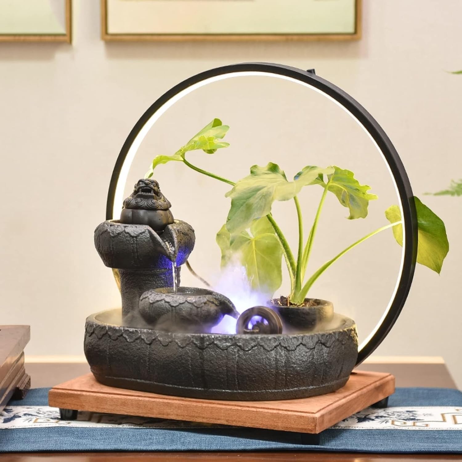 Indoor Fountain Ceramic Table Fountain with Wooden Base and LED Ring Light Ceramic Table Fountain for Indoor Home Decor, Table, Desk, Office, Patio Tabletop Fountain