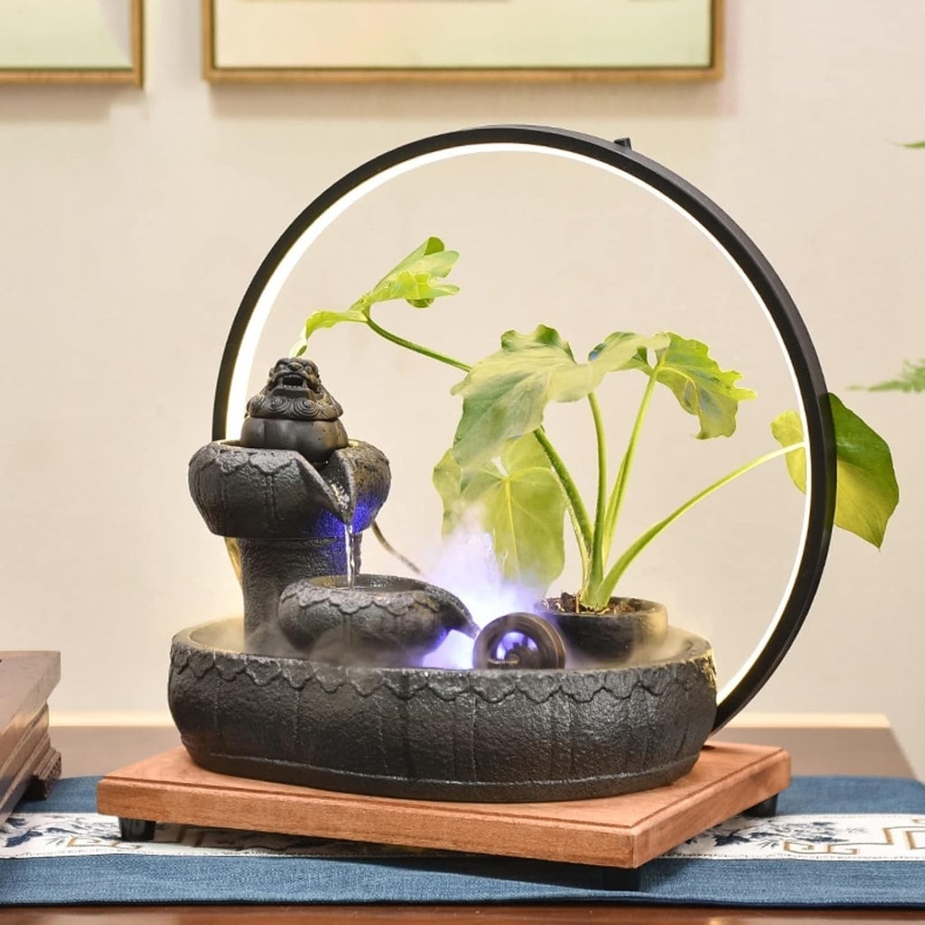 HIHELO Desktop Fountain Ceramic Desktop Fountain with Wood Base and LED Light Ring Indoor Ceramic Tabletop Fountain for Home Decoration Water Fountain Outdoor