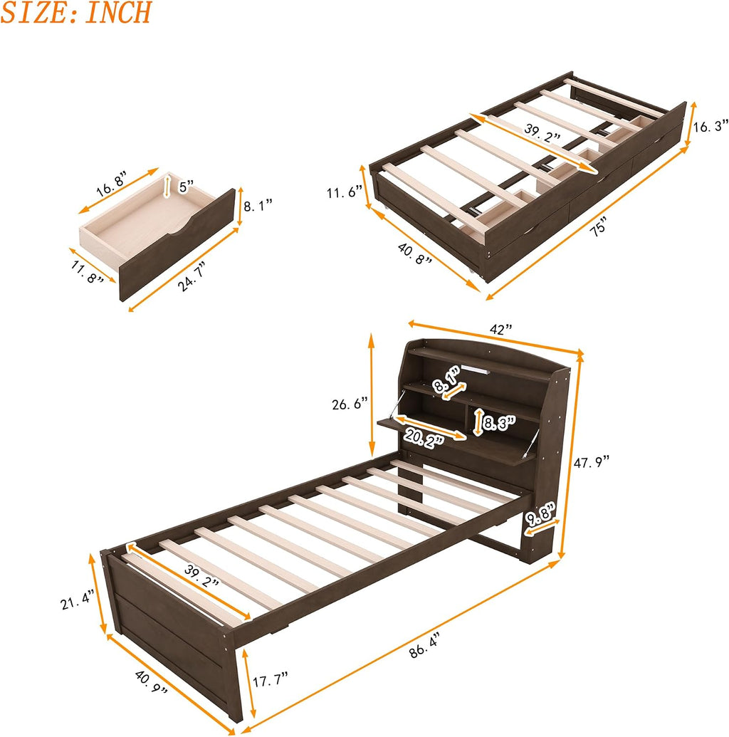 Multi-Function Twin Size Platform Bed with Trundle and 3 Drawers, Wood Captain Platform Bed Frame with Storage Headboard and Night Light, Maximized Space, Brown-d1
