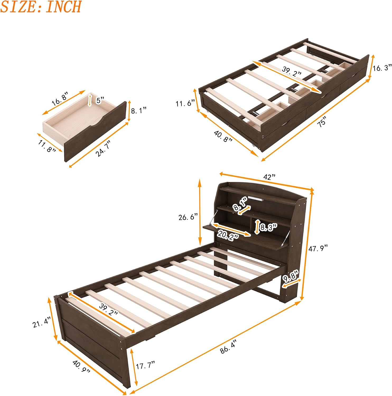 Multi-Function Twin Size Platform Bed with Trundle and 3 Drawers, Wood Captain Platform Bed Frame with Storage Headboard and Night Light, Maximized Space, Brown-d1