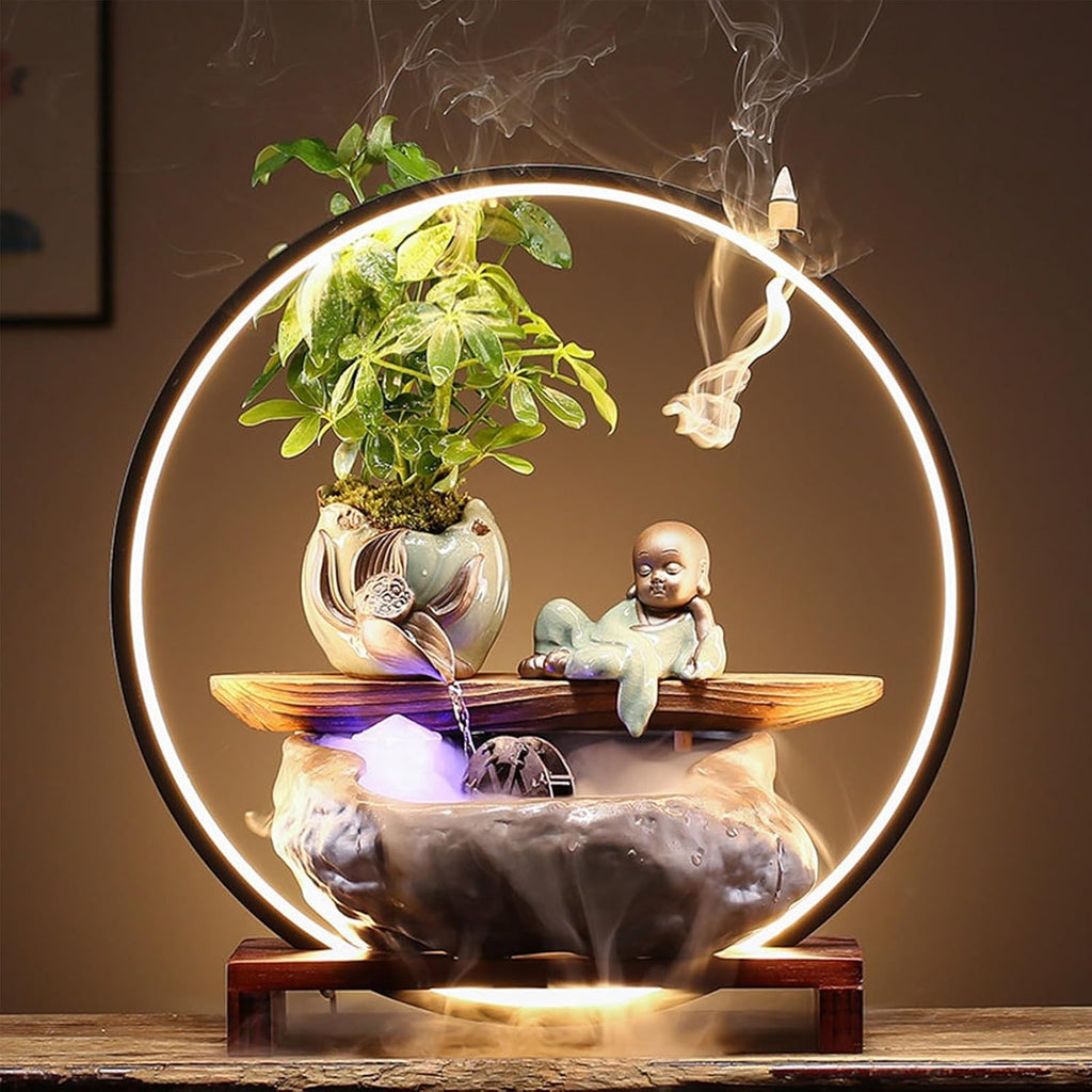 Tabletop Fountain with LED Light, Cwaterfall for Desk with Solid Wood Base & Water Storage Basin, Chinese Zen-Inspired Flowing Water Ornament for Office Living Room(E)