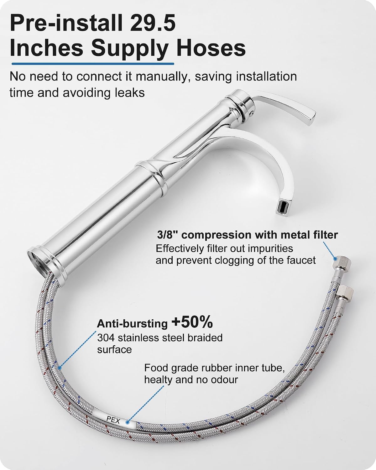 Waterfall Vessel Faucet, Bathtub Faucet Set High Flow Brass Bath Tub Faucets, Tall Bathroom Faucet with Drain Supply Hose