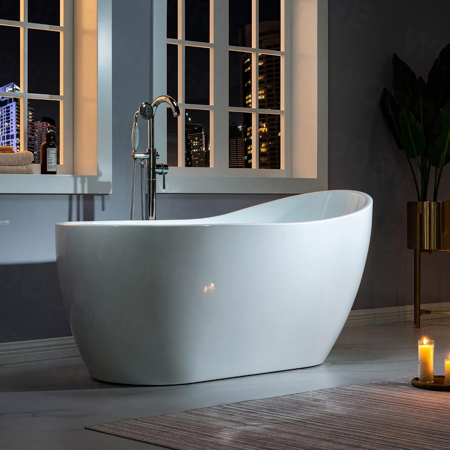 WOODBRIDGE 59' Acrylic Freestanding Bathtub Contemporary Soaking White Tub with Matte Black Overflow and Drain，B1530-MB-Drain&O