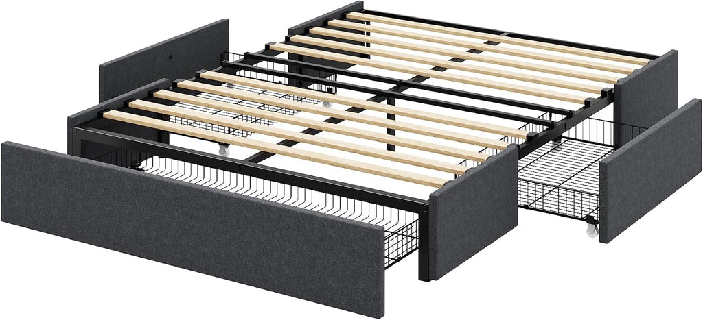 Allewie Queen Size Platform Bed Frame with 3 Storage Drawers, Fabric Upholstered, Wooden Slats Support, No Box Spring Needed, Noise Free, Easy Assembly, Dark Grey