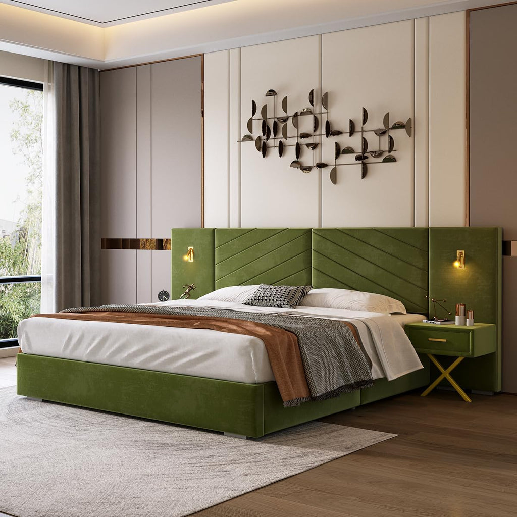 Luxurious King Platform Bed Frame, Velvet Upholstered Headboard with 2 Built-in Wall Sconces & Nightstands, Sturdy Metal & Solid Wood Frame, Squeak-Free, No Box Spring Needed, Olive Green