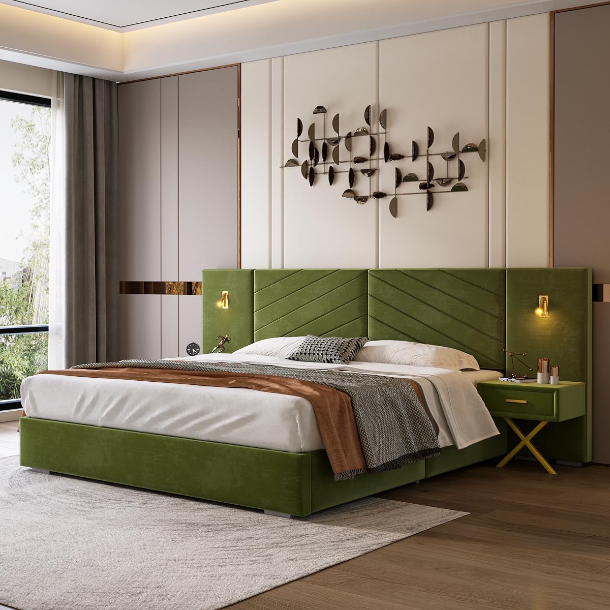 Luxurious King Platform Bed Frame, Velvet Upholstered Headboard with 2 Built-in Wall Sconces & Nightstands, Sturdy Metal & Solid Wood Frame, Squeak-Free, No Box Spring Needed, Olive Green