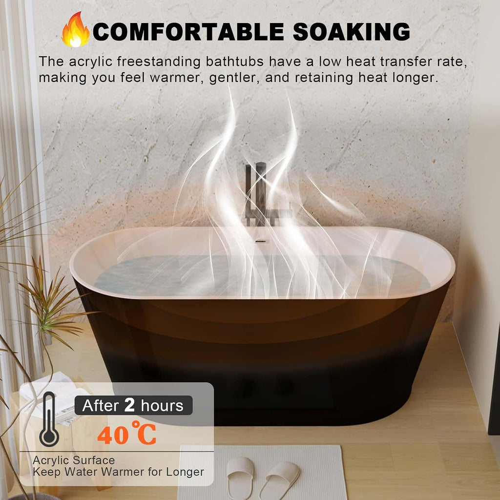 59' Oval Freestanding Soaking Bathtub with Toe-Tap Chrome Drain, Stand Alone Tub, Acrylic Soaking Tub, Ergonomic (Black, 59')