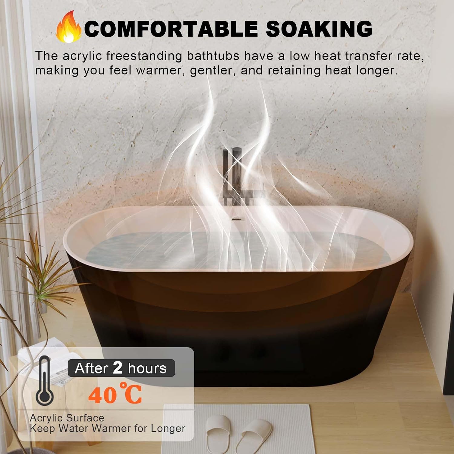 59' Oval Freestanding Soaking Bathtub with Toe-Tap Chrome Drain, Stand Alone Tub, Acrylic Soaking Tub, Ergonomic (Black, 59')