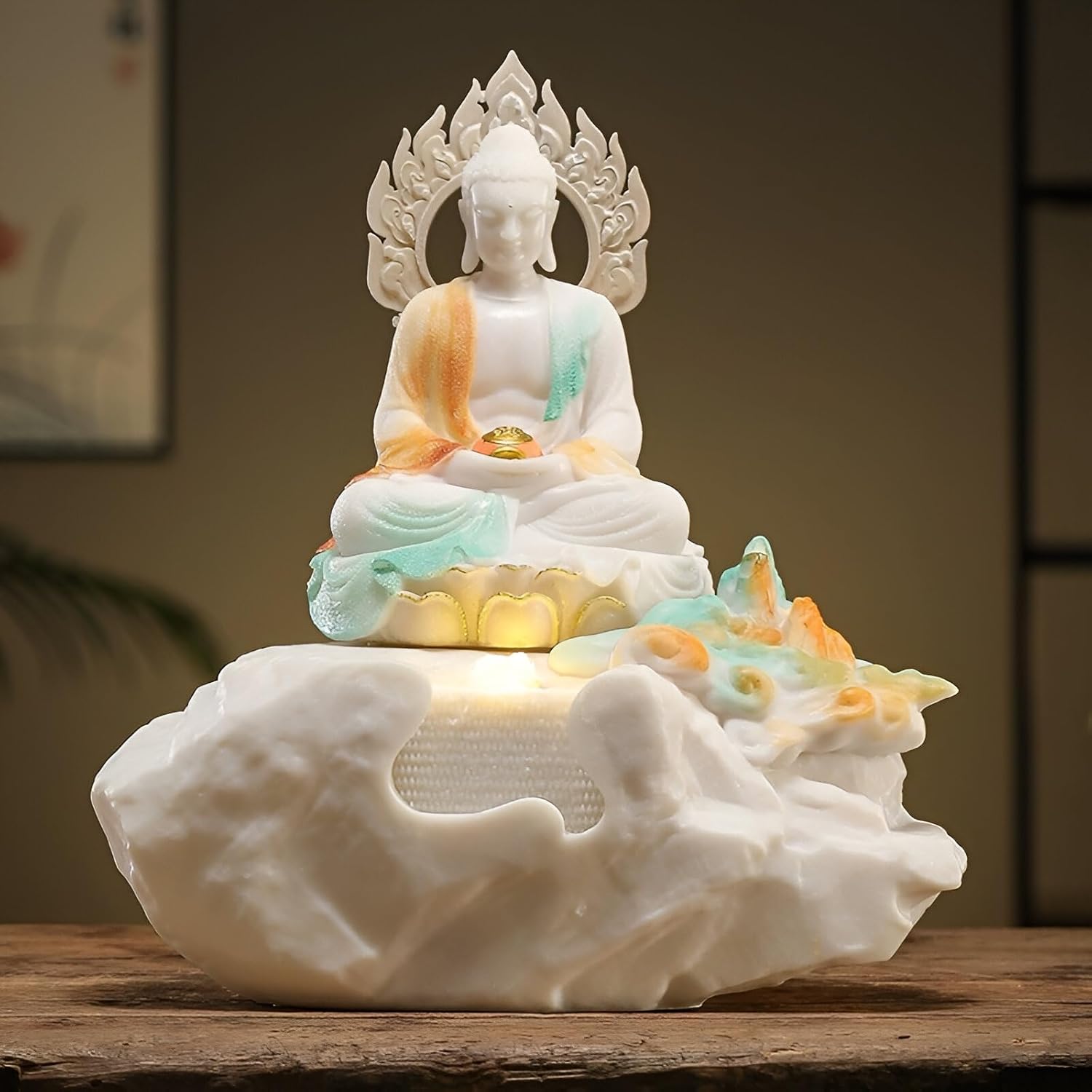 Zen Buddha Tabletop Fountain with LED Lights & Crystal Accents – Indoor Meditation Waterfall Feature with Cascading Water for Home, Office, Living Room or Bedroom – Free 10 Free Crystals (Style 2)