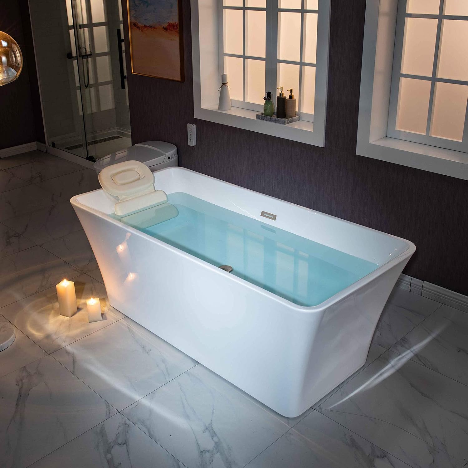 WOODBRIDGE 59' Freestanding White Acylic Soaking Bathtub with Drain Kit and Floor Mount Tub Filler, BTA1509-B/N-Drain &O +F0001BNSQ, With Brushed Nickel Drian