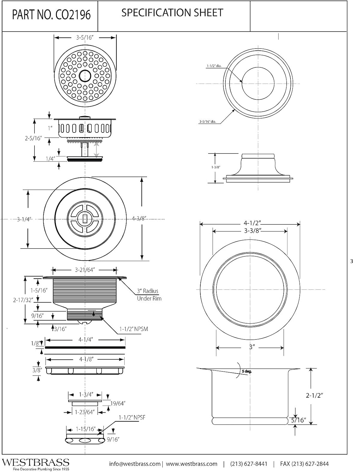 Westbrass CO2196-20 COMBO PACK 3-1/2' Post Style Large Kitchen Sink Basket Strainer and Extra-Deep Collar Kitchen Sink Waste Disposal Flange with Stopper, Stainless Steel