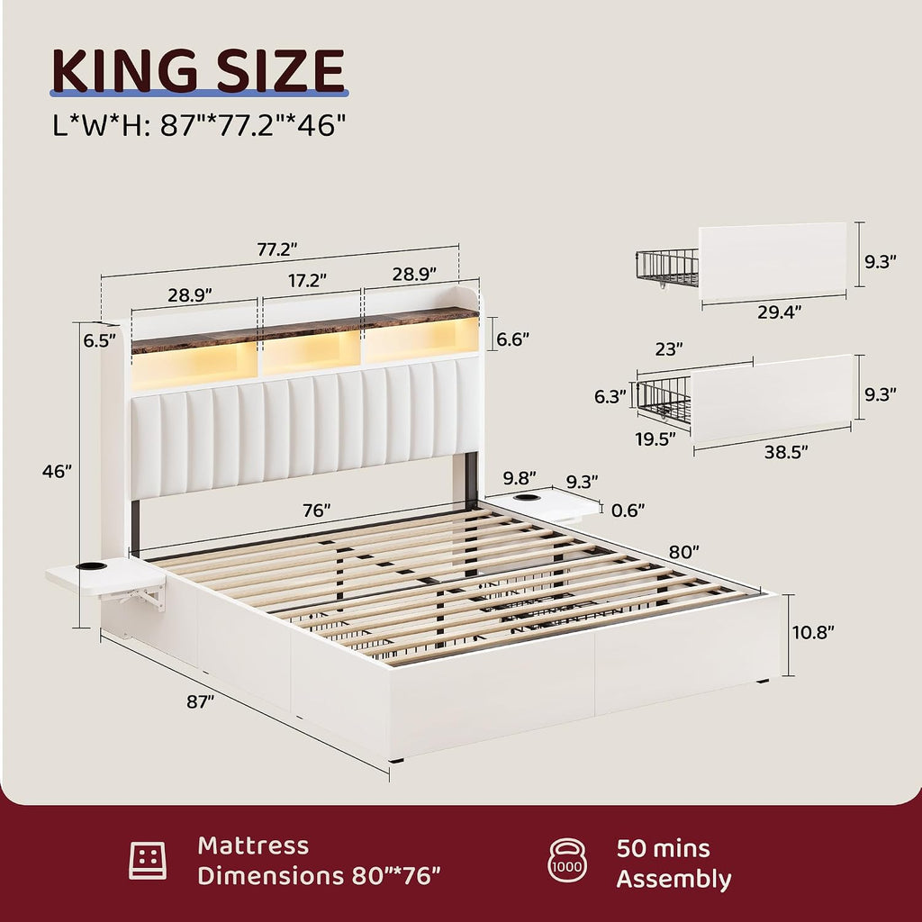 BRELTAM King Bed Frame with Headboard,4 Storage Drawers,and Built-in Adjustable Desk,Charging Station,Easy Assembly,No Box Spring Needed,White