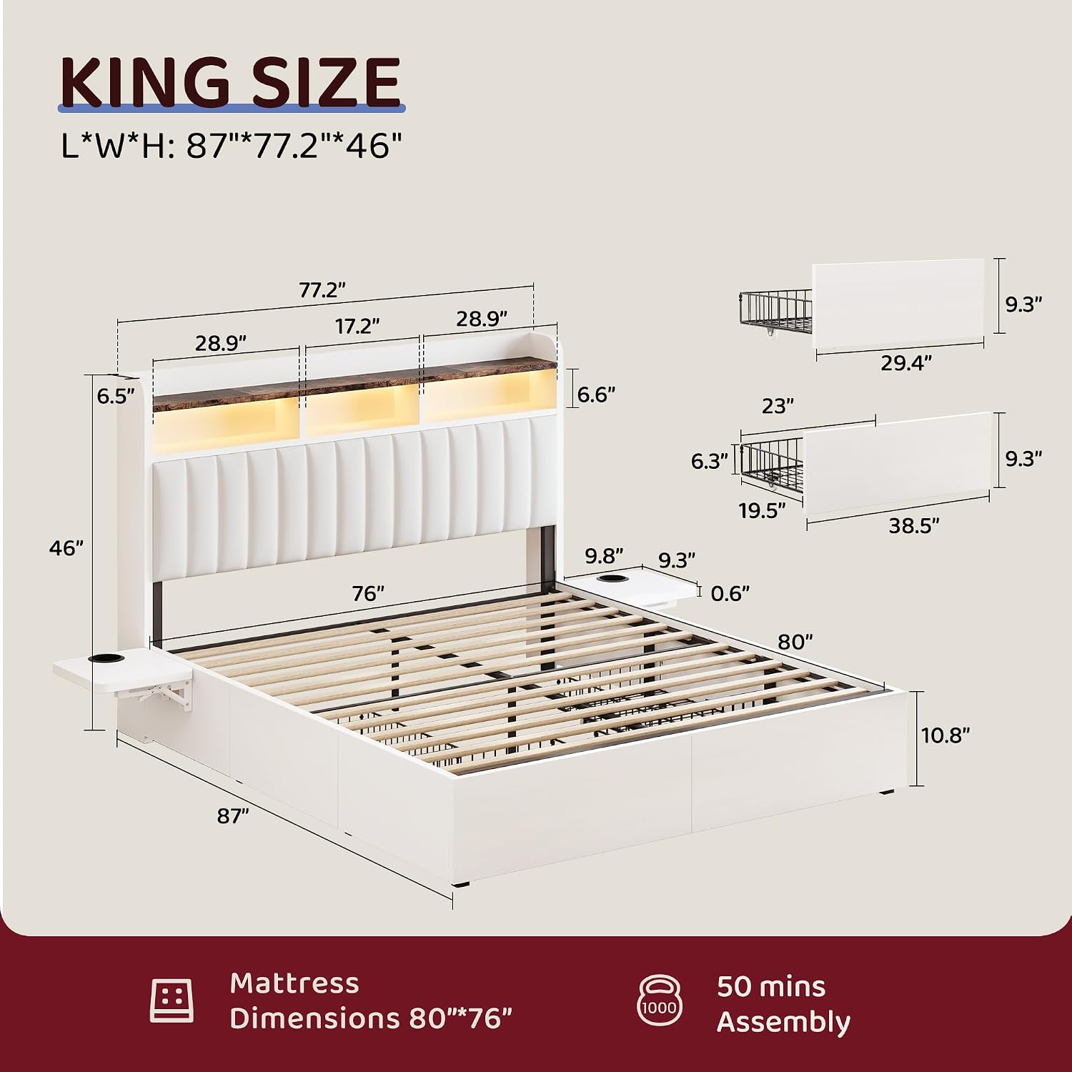 BRELTAM King Bed Frame with Headboard,4 Storage Drawers,and Built-in Adjustable Desk,Charging Station,Easy Assembly,No Box Spring Needed,White