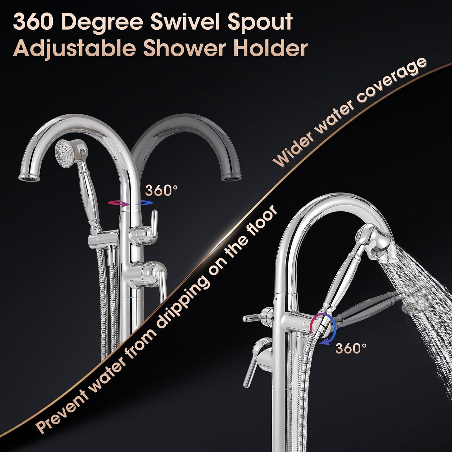 Free Standing Bathtub Faucet Brass Bathtub Faucets High Flow Soaker Tub Faucet with Vintage Handheld Sprayer Polished Chrome