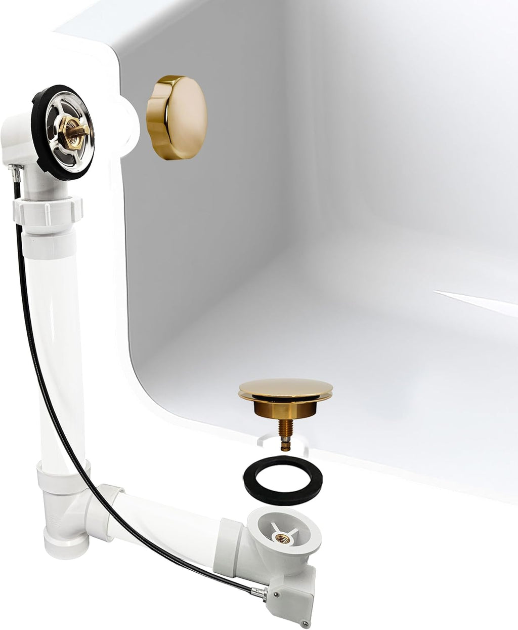 Westbrass A50P35BJ-01 1-1/2' Sch. 40 PVC 35' Cable Driven Bath Waste Kit with Ball Joint Head and Brass Trim Drain Kit, Polished Brass