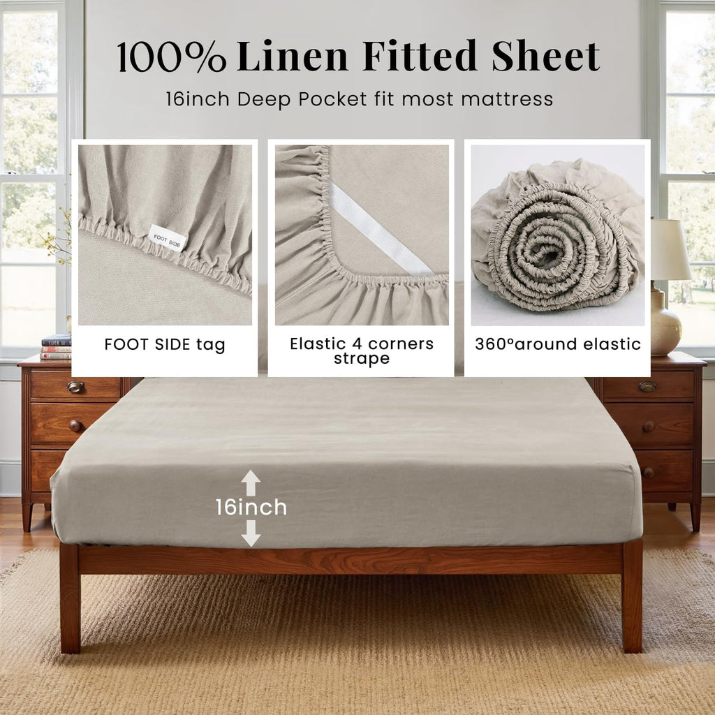 S VICTORY SYMBOL 100% Organic Linen Sheets Set Twin XL Size,Stone Washed French Natural Flax Bed Sheets 3Pcs(1 Pillowcase,1 Fitted Sheet,1 Flat Sheet) Ultra Soft Breathable Bedding Set,Khaki Linen