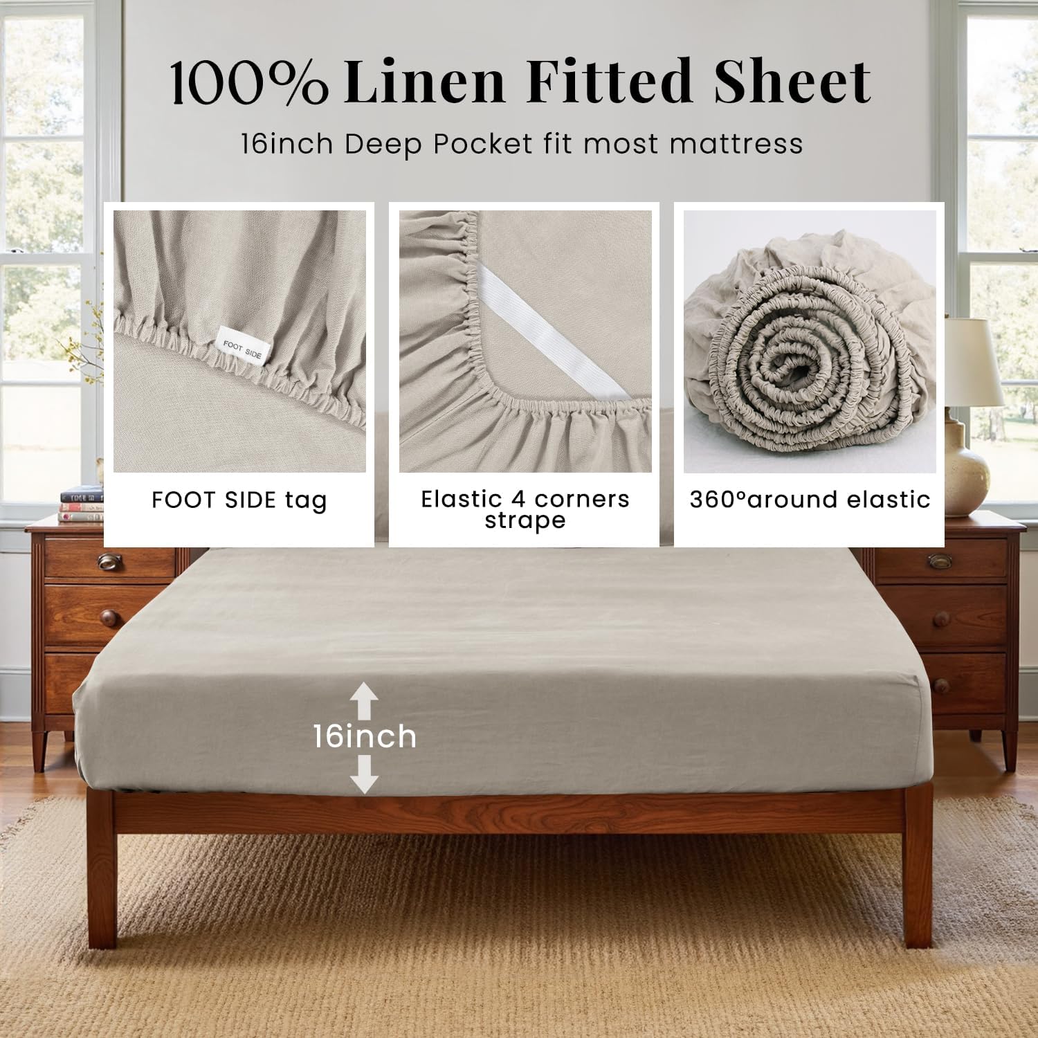 S VICTORY SYMBOL 100% Organic Linen Sheets Set Twin XL Size,Stone Washed French Natural Flax Bed Sheets 3Pcs(1 Pillowcase,1 Fitted Sheet,1 Flat Sheet) Ultra Soft Breathable Bedding Set,Khaki Linen