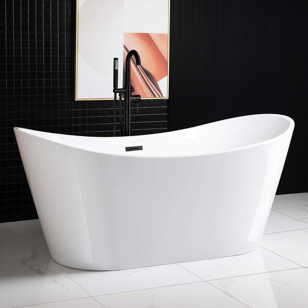 WOODBRIDGE 67' Acrylic Freestanding Bathtub Contemporary Soaking White Tub with Matte Black Overflow and Drain，BTA1515-MB-Drain&O