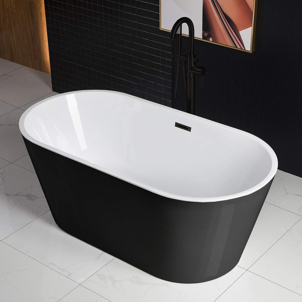 WOODBRIDGE 59' Acrylic Freestanding Bathtub Contemporary Soaking Tub with Matte Black Overflow and Drain,Black